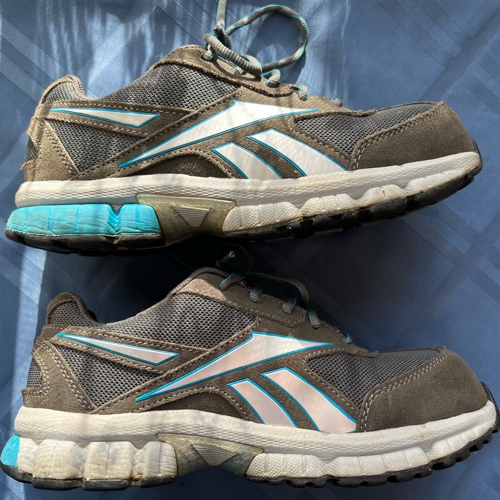 Grey with blue accent Reebok Safety shoes, slip & oil resistant.
